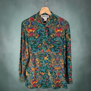 Carlisle VTG Women's 4 Green Mulitcolored Floral 100% Silk L/S Blouse Shacket